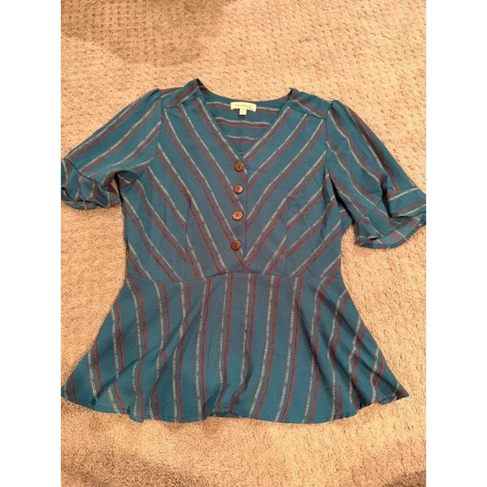 Monteau Los Angeles Teal Striped Peplum Blouse V-Neck Button Front Size L